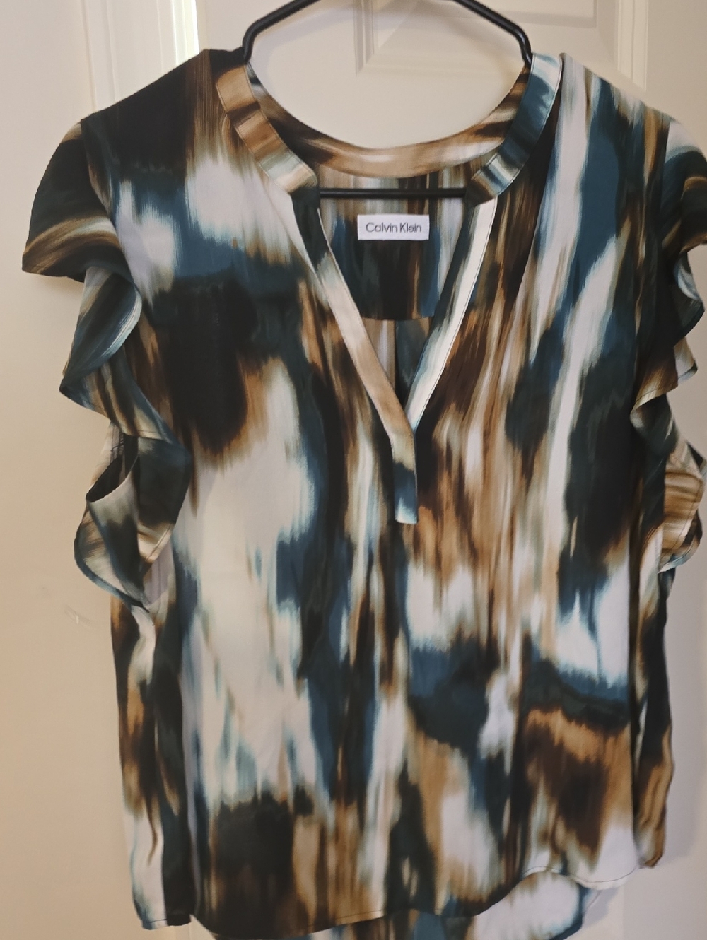 Calvin Klein Teal, Brown & Cream Abstract Ruffle Sleeve Blouse